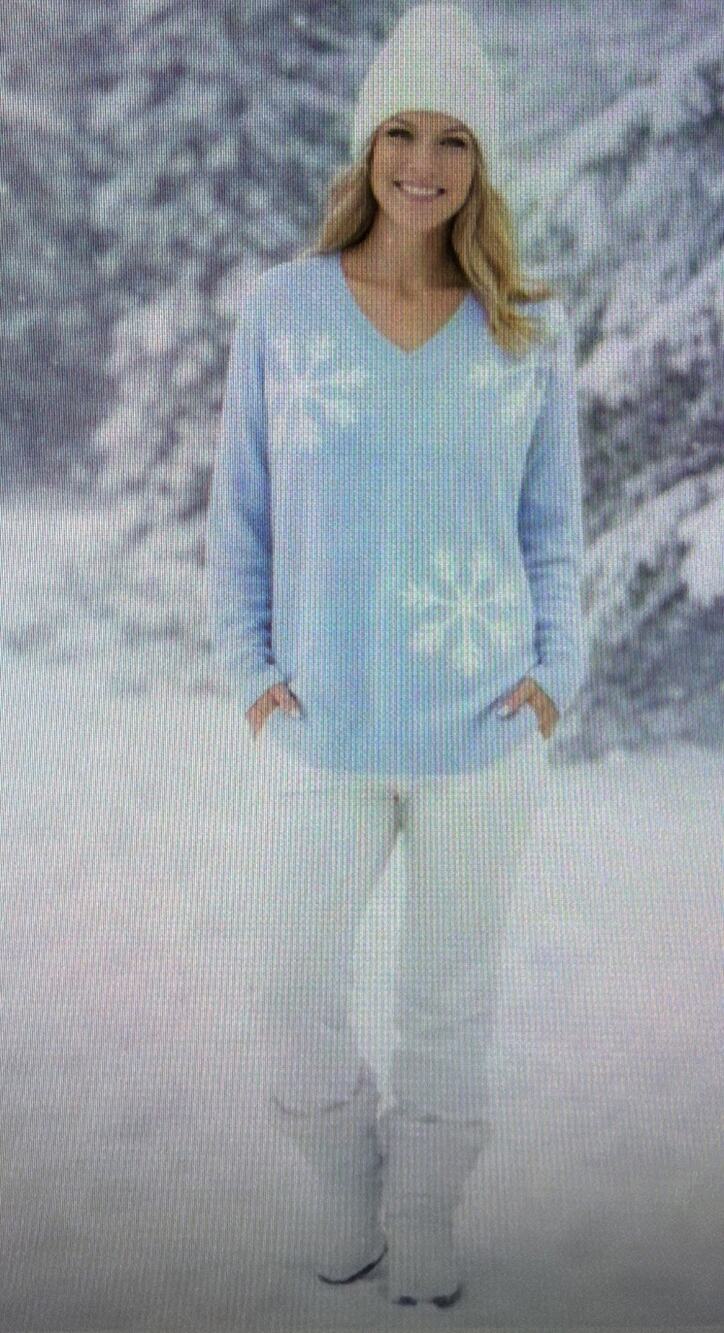 Laurie Felt Womens Sweater XS Cashmere Bld cottagecore Blue Snowflakes cozy